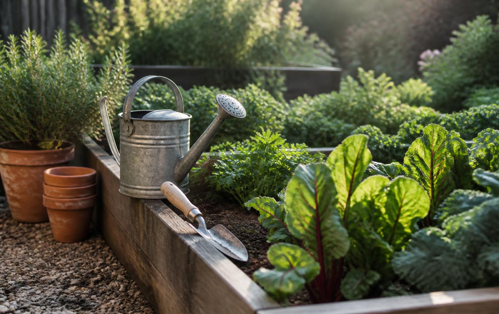 Raised cedar garden bed with chard, a galvanised watering can, a hand trowel and stacked terracotta pots